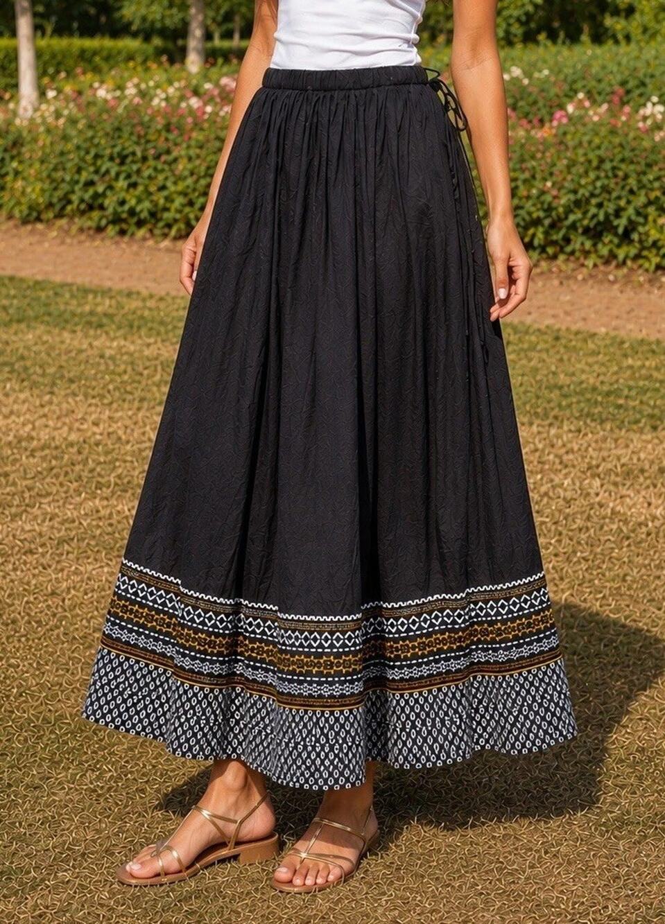 BRONZ Boho Maxi Skirt M 100% Cotton Adjustable Waist Festival Cottagecore Folk